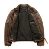 Premium men's leather biker jacket in rich brown with stand collar, crafted from durable first-layer calfskin leather.