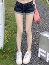 Light blue denim shorts featuring button-front closure and classic five-pocket styling