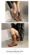 Chic Women's Mid-Calf Chelsea Boots in pleated leather, waterproof, non-slip, perfect for Winter 2024 style and comfort.