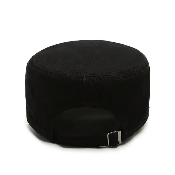 Navy blue adjustable flat cap for all seasons with sun protection.