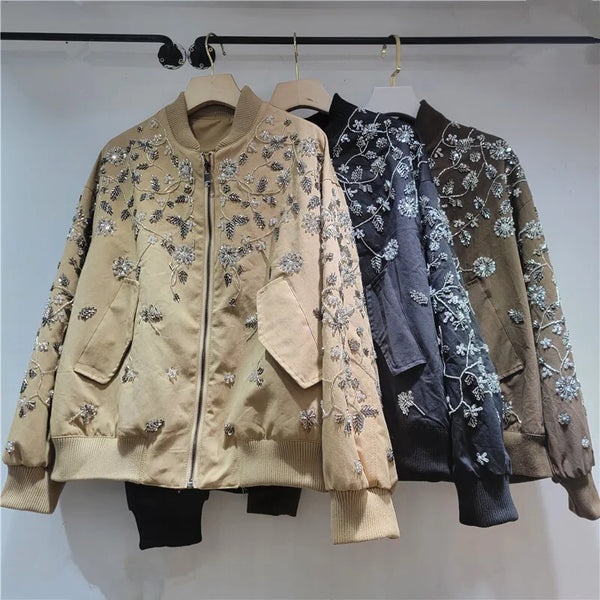 Side view of regular-length sequin jacket displaying flattering silhouette