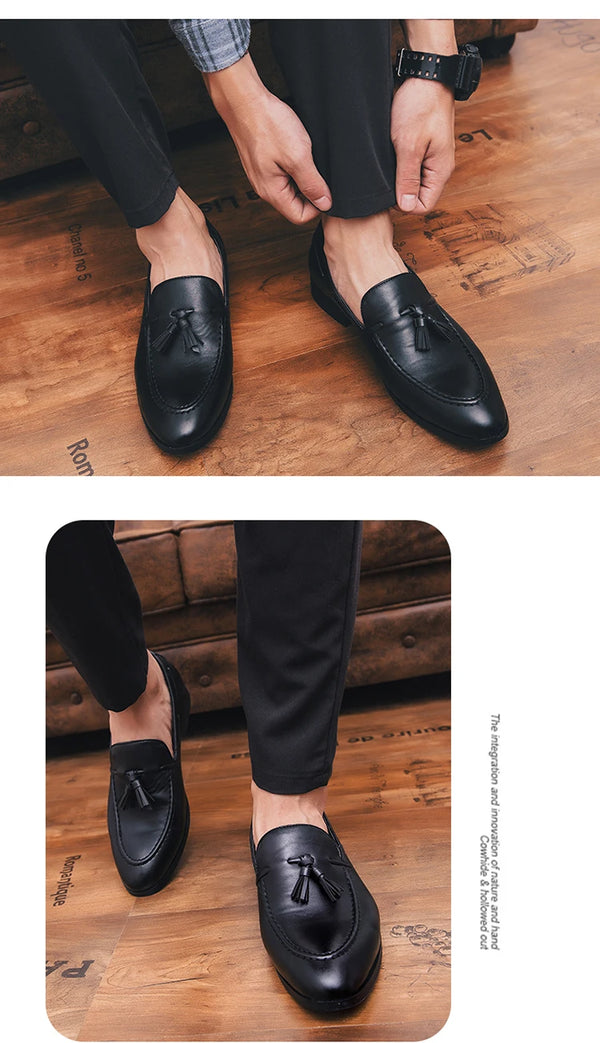Detailed shot of the faux leather texture on charismatic tassel loafers.