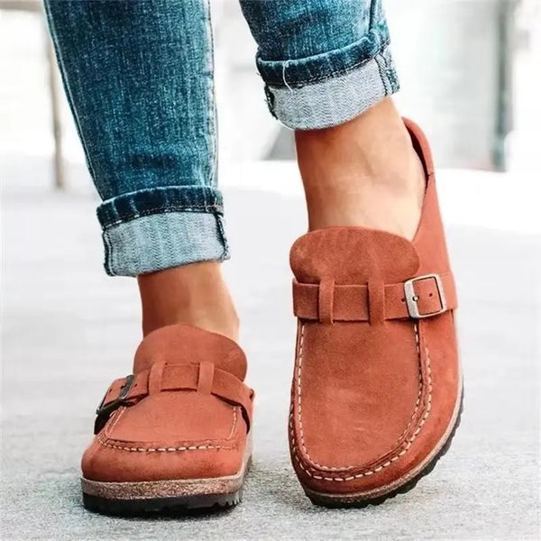 COZOK retro mules with functional buckle strap, flat heel, and true-to-size comfortable fit