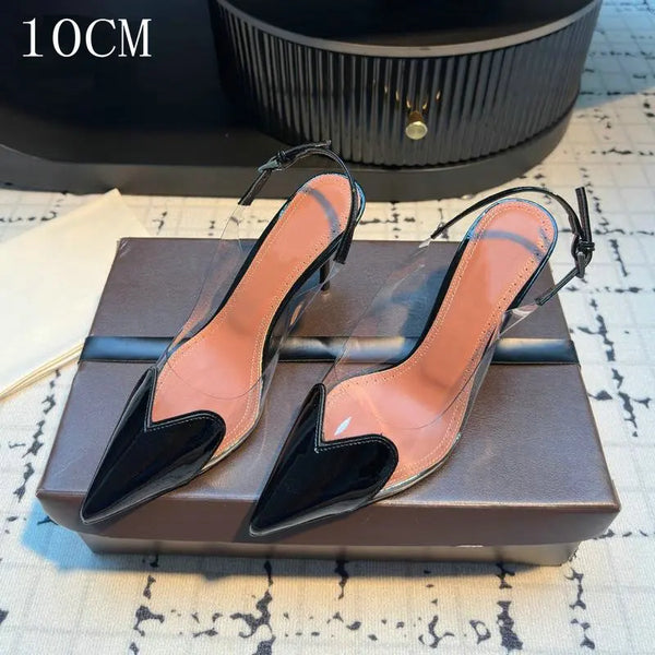 Transparent formal pumps with pointed toe and patent leather trim