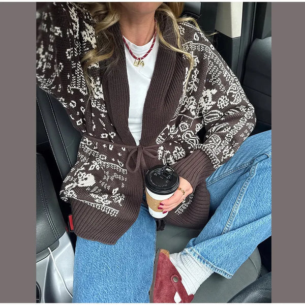 Classic heritage cardigan featuring Fair Isle print and tie waist detail