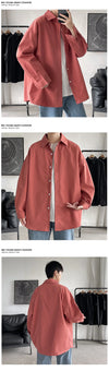 Oversized long sleeve casual shirt for men and women, featuring a Mandarin collar and single-breasted closure in high-quality