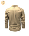Men's outdoor cotton casual multi-pocket shirt in solid color, perfect for travel and adventure, featuring long sleeves and V