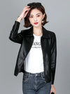 Chic women's sheepskin leather jacket with zippered front, turn-down collar, and pockets for stylish autumn layering.