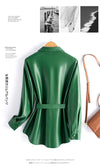 Chic women's sheepskin leather jacket with turn-down collar, lace-up belt, and adjustable waist for a stylish fit.