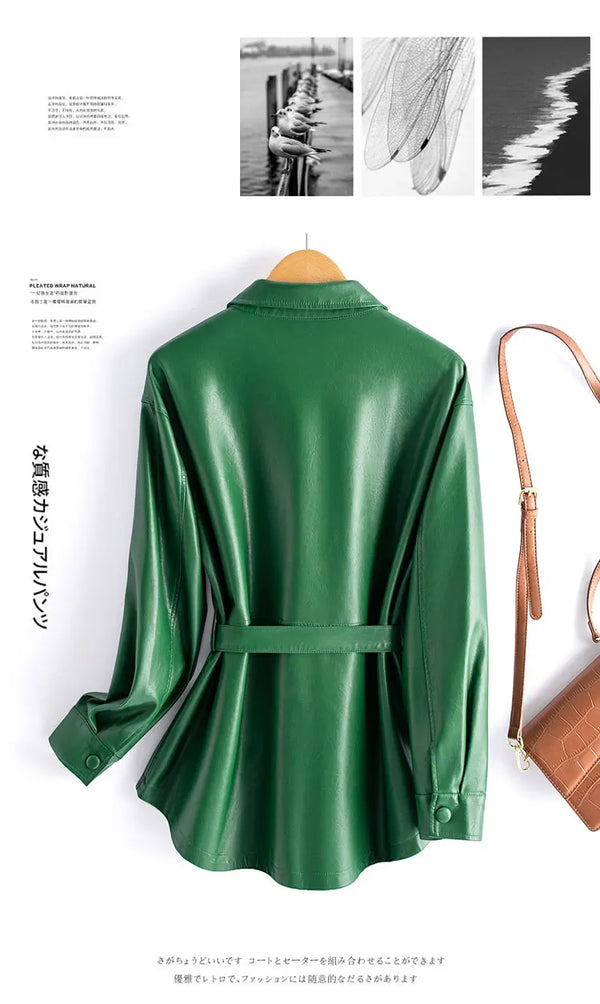 Chic women's sheepskin leather jacket with turn-down collar, lace-up belt, and adjustable waist for a stylish fit.