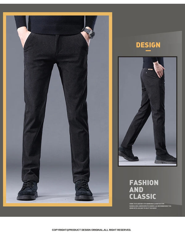 Comfortable stretch corduroy trousers featuring warm fleece interior layer