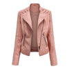 Women's slim fit PU leather motorcycle jacket in black, windproof, durable, perfect for spring and autumn rides.