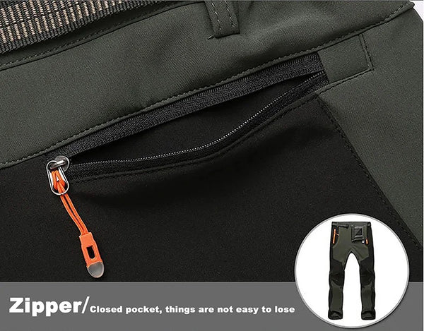 Cold weather trekking pants with waterproof shell and polar fleece lining