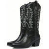 Embroidered leather boots with square heel styled with autumn outfit for festival or brunch wear