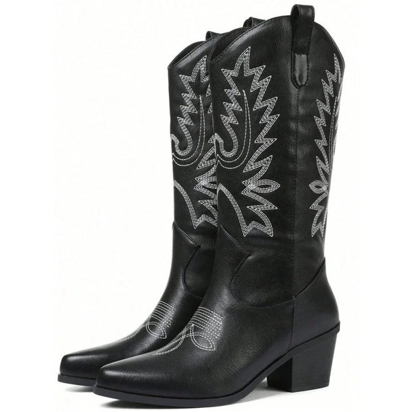 Embroidered leather boots with square heel styled with autumn outfit for festival or brunch wear