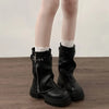 Chic women's mid-calf biker boots with buckle detail, cozy plush lining, and durable rubber sole for stylish comfort.