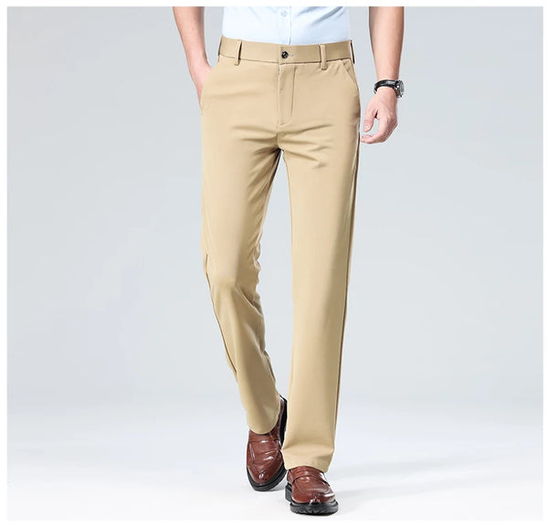 Elastic waistband suit pants offering custom fit throughout the day