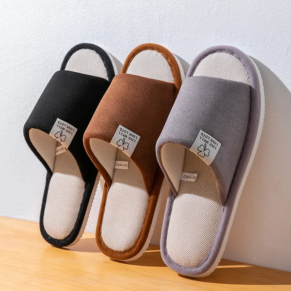 Close-up of breathable cotton-linen fabric texture on comfortable indoor slippers