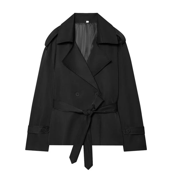 Belted Short Trench Coat with Double-Breasted Detail