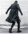 Men's black long trench coat with multi pockets, stylish gothic punk design, perfect for autumn and spring streetwear.