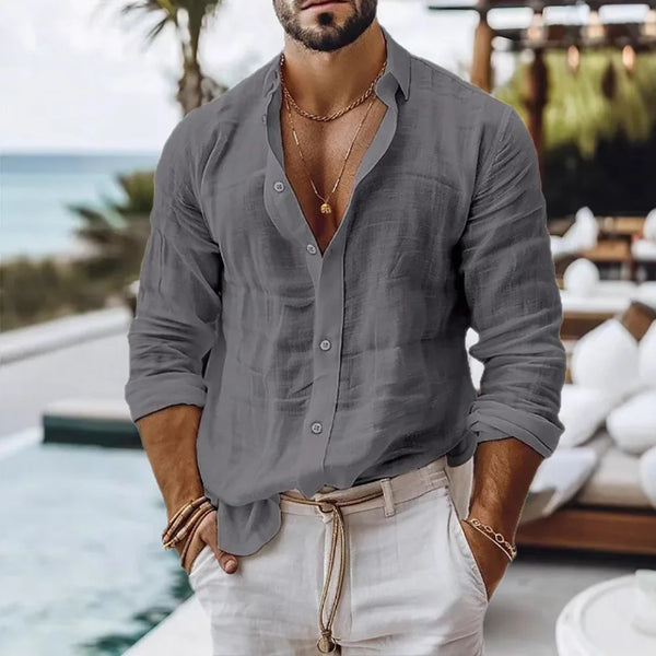 Men's breathable button-up shirt in cotton-linen blend featuring regular fit and versatile solid pattern