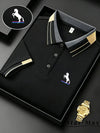 Premium polyester polo shirt with embroidered equestrian motif and modern contrast trim