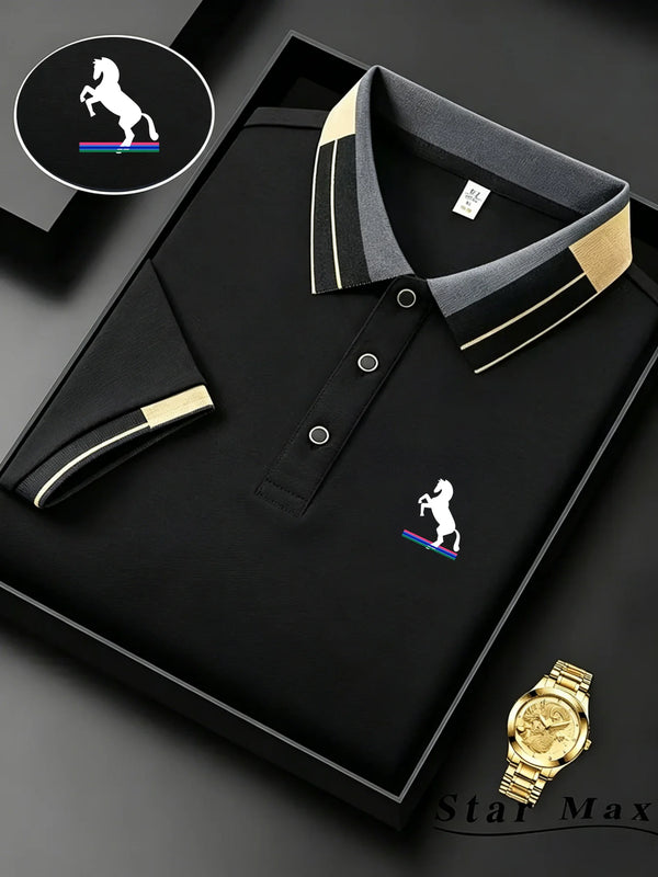 Premium polyester polo shirt with embroidered equestrian motif and modern contrast trim