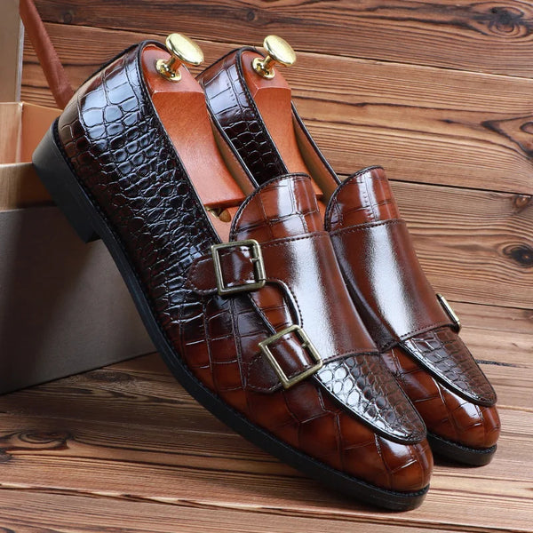 Elegant men's double monk strap dress loafers in glossy black patent leather.