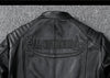 Men's slim fit leather motorcycle jacket in premium cow leather with stand collar and zip closure, perfect for spring and aut