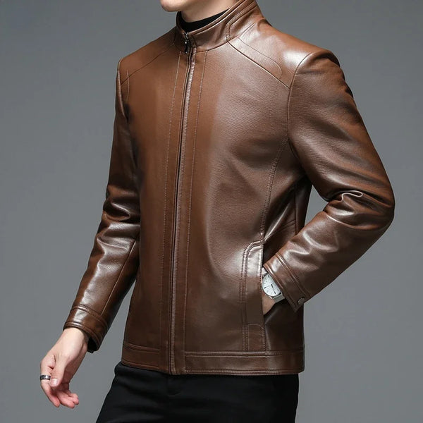 Classic goatskin leather jacket for men, lightweight, stylish, with stand collar and zipper, perfect for casual and business