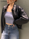 Chic cropped leather jacket for women in premium faux leather with turn-down collar and zipper closure, perfect for autumn an