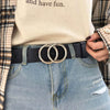 Chic double ring PU leather belt for women in classic black, perfect for jeans and dresses, stylish and adjustable.