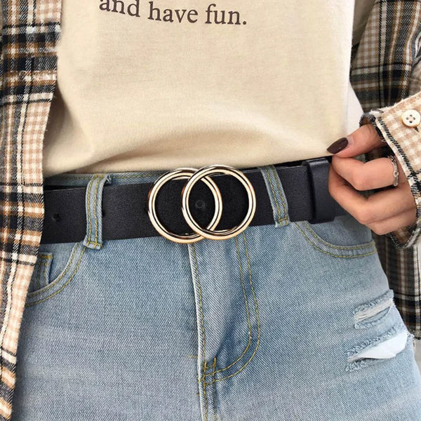 Chic double ring PU leather belt for women in classic black, perfect for jeans and dresses, stylish and adjustable.