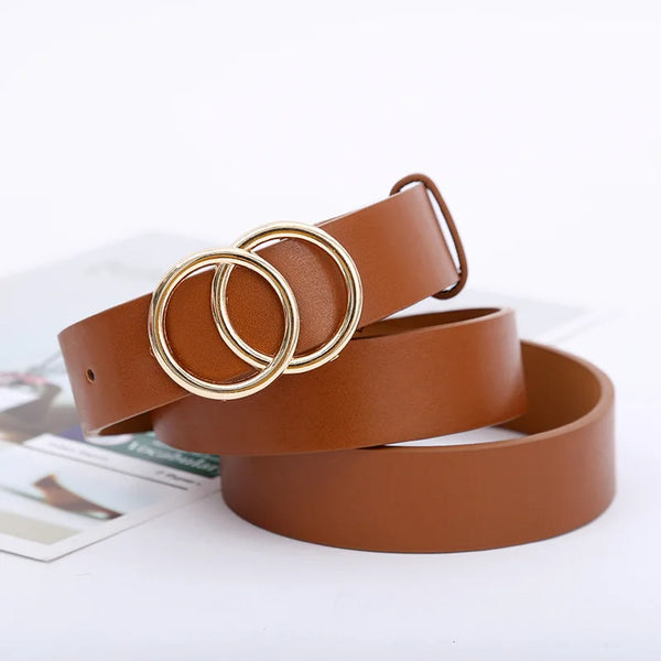 Chic double ring PU leather belt for women in classic black, perfect for jeans and dresses, stylish and adjustable fit.