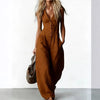 Breathable polyester denim jumpsuit with elegant V-neckline and breezy wide leg cut
