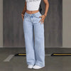 Chic wide-leg denim jeans for women, featuring a button-fly closure and light distressing for stylish everyday wear.