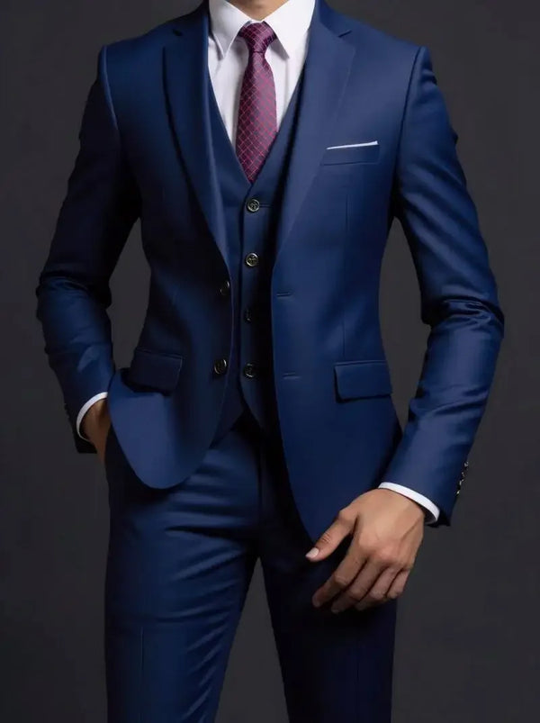 Detail shot of the vest's fabric in the elegant men's 3-piece suit.