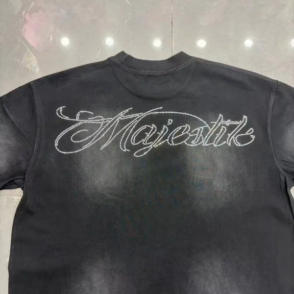 Sleeveless cotton tee with dimensional rhinestone lettering for urban wear