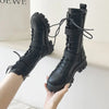 Chic mid-calf motorcycle boots for women, featuring lace-up closure, non-slip outsole, and stylish PU leather design.