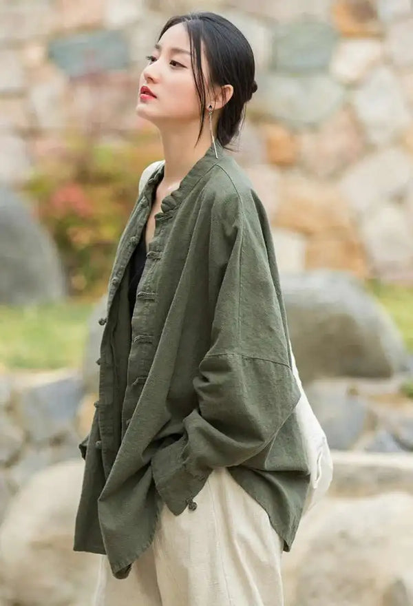 Cotton linen stand collar coat showing natural fabric texture and elegant fit