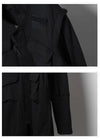 Men's black long trench coat with multiple pockets, zipper closure, and gothic punk style for urban fashion and streetwear.