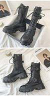 Chic mid-calf motorcycle boots for women with lace-up closure, non-slip outsole, and stylish PU leather for winter wear.
