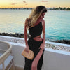 Ankle-length maxi dress with diagonal neckline and drawstring waist detail