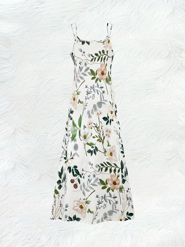Woman's breezy floral maxi dress featuring flattering V-neckline and comfortable regular fit A-line silhouette