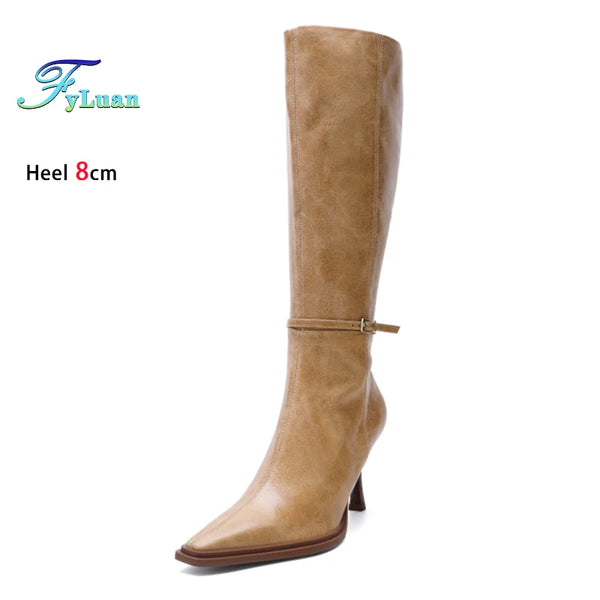 Elegant pointed toe knee-high stiletto boots in high-quality PU material.
