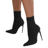 Side view of sleek knitted sock boots with thin stiletto heel and ankle-hugging fit