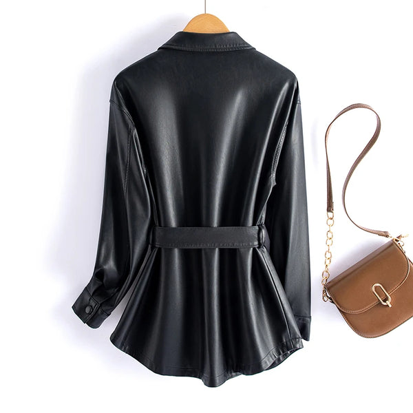 Chic women's sheepskin leather jacket with turn-down collar, lace-up belt, and adjustable waist for a stylish fit.