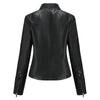 Chic women's slim leather biker jacket with zip detail, stand-up collar, and tailored fit for a stylish urban look.
