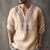 Versatile cotton-linen henley with distinctive geometric print