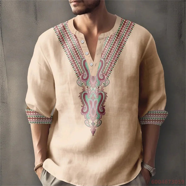 Versatile cotton-linen henley with distinctive geometric print